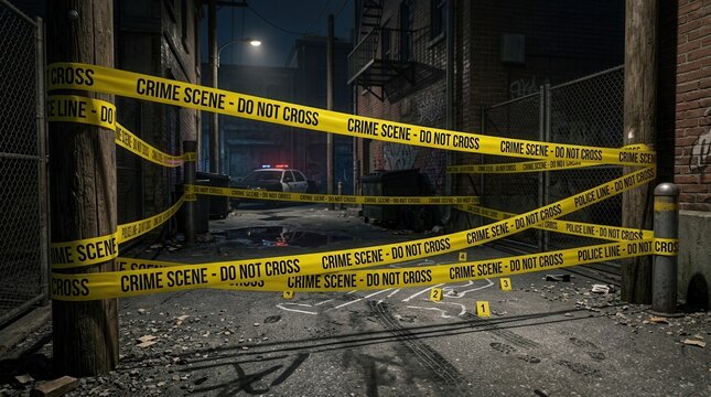 Dark Alley Crime Scene Tape and Evidence Markers Police Car Lights in Background
