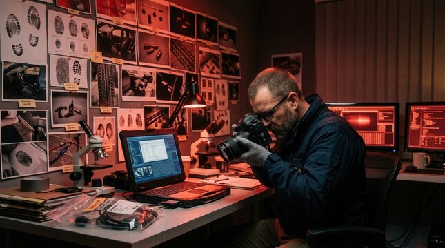 Detective examining evidence with camera at crime scene investigation desk forensic lab with photos microscope laptop