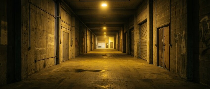 Dark Industrial Corridor with Yellow Light Concrete Walls and Doors