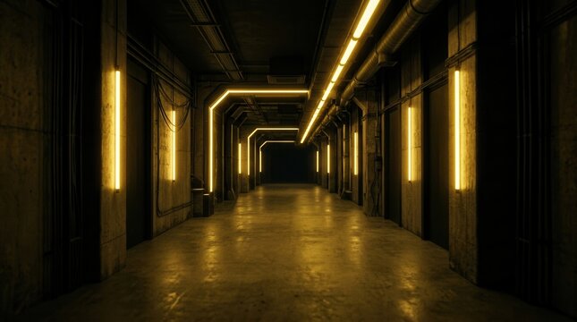 Dark futuristic industrial corridor with yellow neon lights and reflections sci fi cyberpunk tunnel moody atmosphere technology background