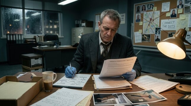 Detective Examining Case Files in Moody Office at Night