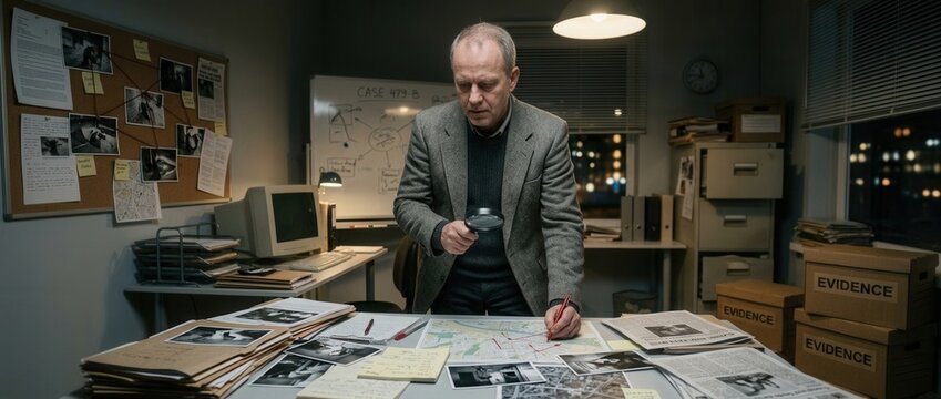 Detective examining case files and evidence on desk in dimly lit office bulletin board with photos vintage computer city lights outside window
