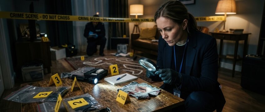 Detective examining evidence at crime scene with chalk outline and forensic markers crime investigation concept