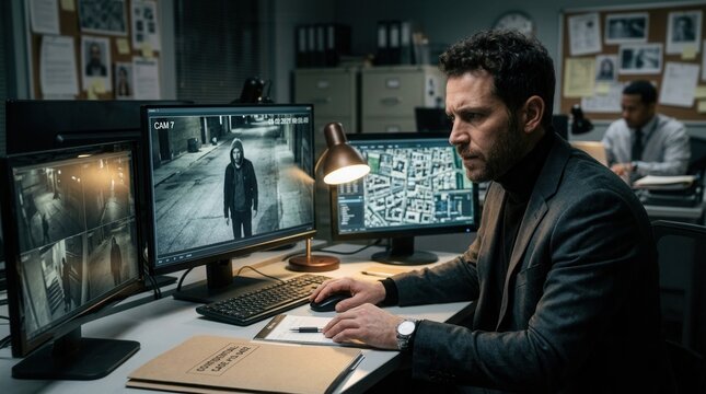 Detective analyzing surveillance footage on computer screens in dimly lit police investigation room crime scene evidence