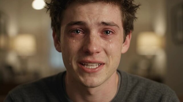 Young man crying and speaking emotionally directly to the camera, expressing sadness.