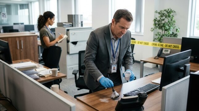 Detective dusting for fingerprints at a crime scene in an office with a female assistant observing