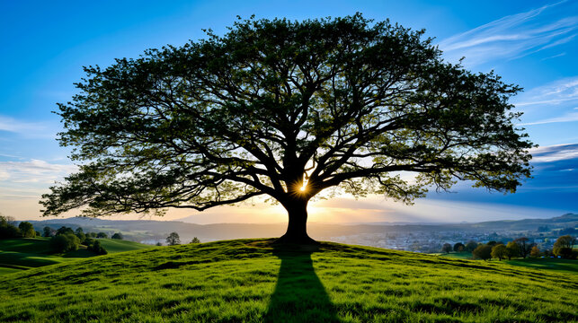 A large tree with a sunlit canopy stands on a grassy hill overlooking a valley and distant mountains