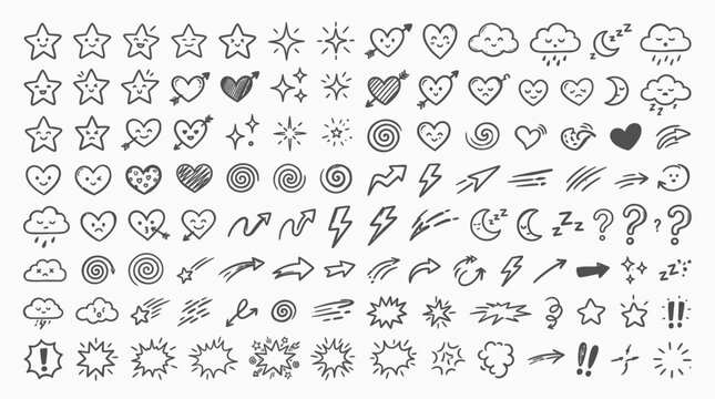 Collection of Doodle Icons including Stars Hearts Clouds Arrows and Weather Symbols