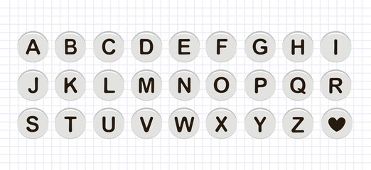 Round acrylic alphabet and decorative craft beads. Black letters A-Z and a heart on white discs. Clipart collection for scrapbooking, junk journals, greeting cards and personalized collages. © Kristina Chistiakova