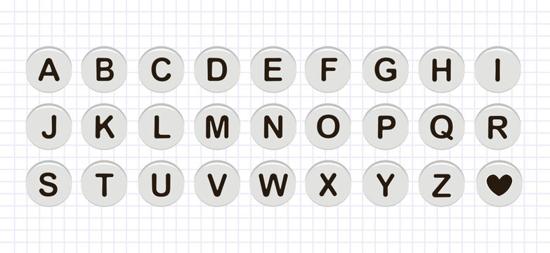 Round acrylic alphabet and decorative craft beads. Black letters A-Z and a heart on white discs. Clipart collection for scrapbooking, junk journals, greeting cards and personalized collages.