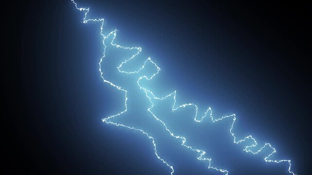 Stunning blue lightning strike animation. Powerful electrical discharge flashing through dark space with vivid neon glow and dynamic energy pulses. Ideal for dramatic sci fi projects. 4k