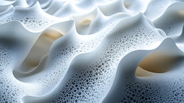 Detailed 3D render of a white cellular organic structure with porous foam-like textures and waves