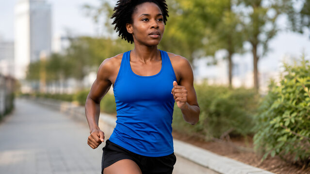 Woman runner jogs along a paved urban path in a blue sleeveless top and black shorts, with bent arms and city buildings, trees and planted borders visible behind her during outdoor exercise.