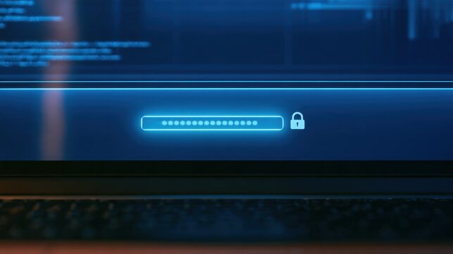 Cybersecurity login screen with glowing password field and lock icon on dark blue computer display, digital interface background and keyboard foreground, technology mock up