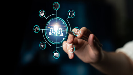Obraz premium Hand Interacting with Virtual Digital Interface Displaying Icons and Data Representations of Technology and Communication Concepts Fluxor.