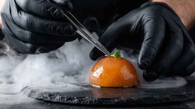 Chef garnishing molecular gastronomy dessert with tweezers and microgreen
