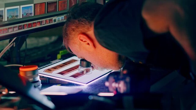 Photographer Examining Analog Film Negative Light Table Loupe Magnifier. A male photographer inspects developed analog film negatives on a backlit light panel using a magnifying loupe in a darkroom