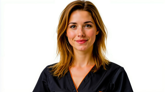 A woman with long brown hair and a black shirt with orange trim smiling at the camera