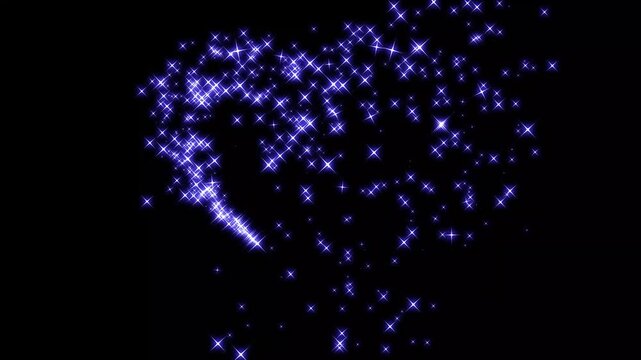 Romantic blue starlight glitter love line trail animation, twinkling star particles creating a beautiful, glowing doodle stars, magical fairy sparkle light motion on black background 4k video