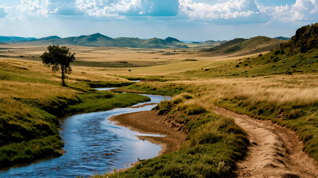 A winding river meanders through a lush green valley with a dirt path leading to a distant tree