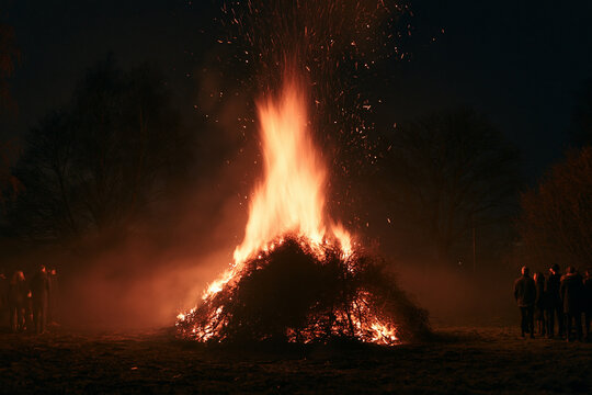 Large traditional bonfire glowing on an autumn evening in the British countryside. People watch the fire during Guy Fawkes Night
