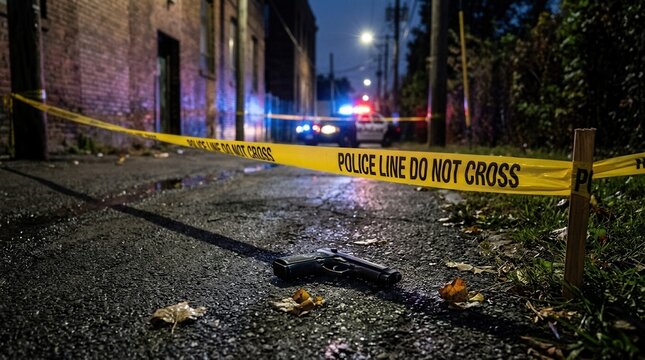 Crime Scene Investigation Police Line Tape and Gun on Wet Street at Night with Police Car Lights