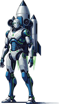 Futuristic robot with rocket backpack futuristic technology