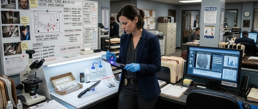 Crime scene investigator examines evidence with UV light in police station lab case board and computer in background