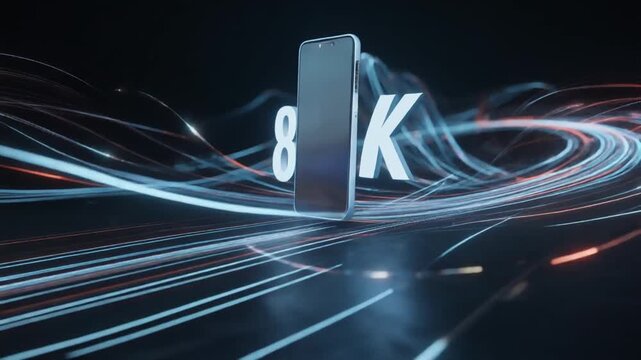 Sleek 8K smartphone display with vibrant light trails, symbolizing ultra-fast data connectivity and advanced mobile technology innovation