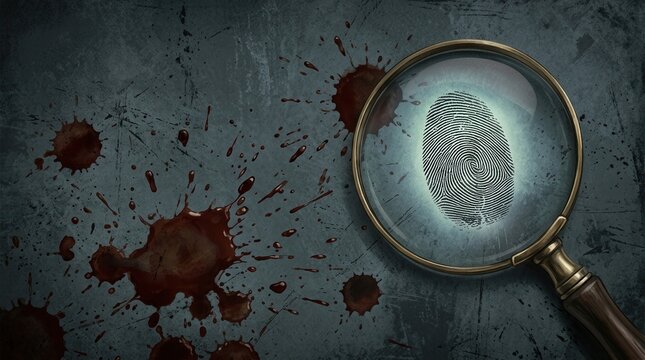 Crime Scene Investigation Magnifying Glass Over Fingerprint and Blood Splatters on Dark Textured Background
