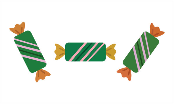 Three green candies with pink diagonal stripes