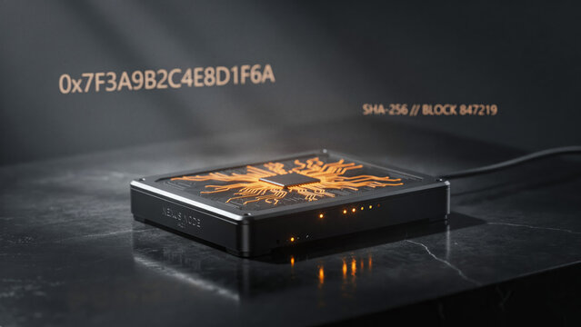 Cinematic Production Shot of a Crypto Node Hardware Device with Blockchain Hash Code