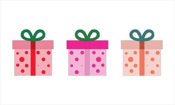 Three colorful gift boxes with ribbons and polka dot patterns, vector illustration