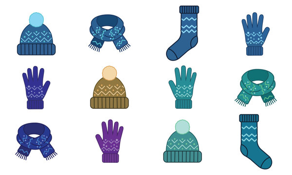 Collection of winter clothing items including hats, scarves, socks, and gloves in various colors and patterns