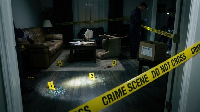 Crime scene investigation in a dimly lit living room police tape evidence markers and forensic professionals examining the area