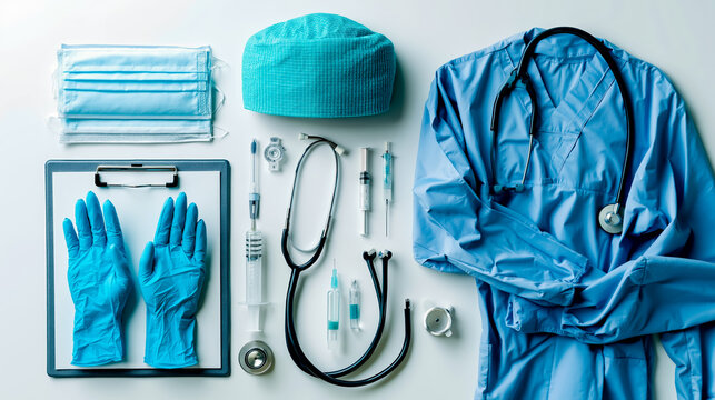 Medical equipment and clothing laid out on a white surface