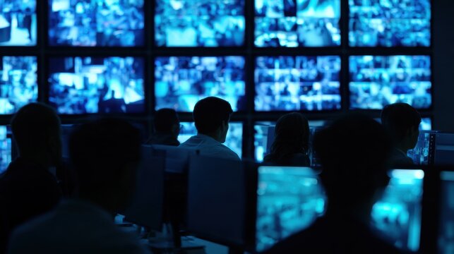 Modern security monitoring control room with silhouetted operators facing multiple blue surveillance screens and desktop monitors in a dark technology workspace