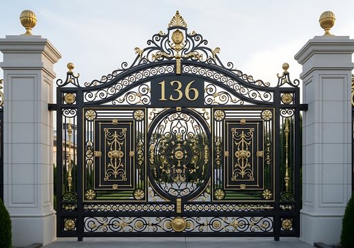 Elegant wrought iron security gate with ornate gold details and house number 136 between white pillars