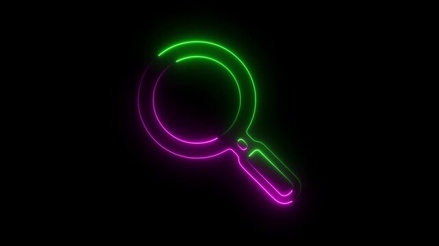 Neon magnifying glass animation, glowing search symbol for digital interface and web search neon light