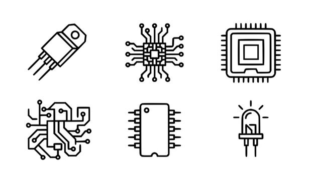 Computer hardware and semiconductor line icon collection with CPU microcircuit and LED symbols
