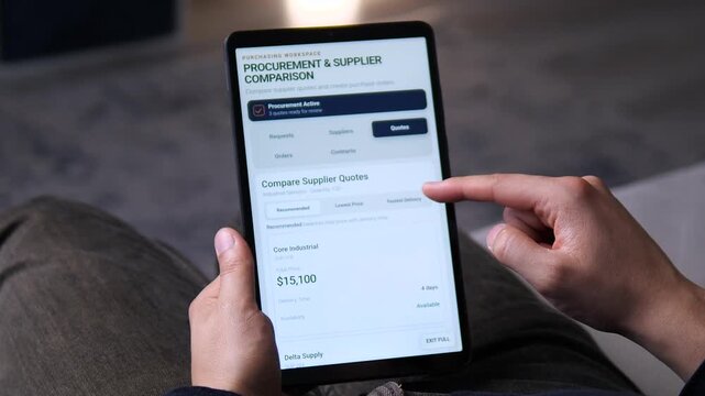 Procurement specialist compares supplier quotes on a tablet, highlighting digital sourcing, price evaluation, delivery planning, and smarter purchasing decisions in modern business.