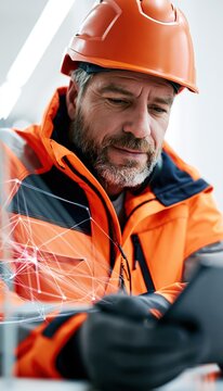 Infrastructure engineer using digital device beside smart bridge model with network visualization