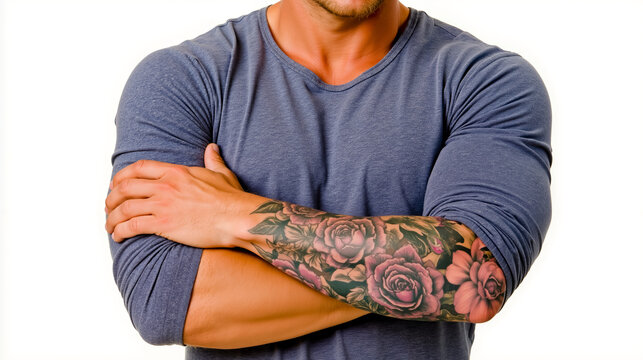 A man with a tattooed arm and a blue shirt