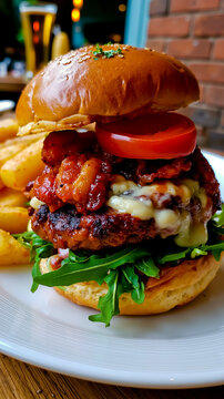 A large juicy burger with cheese tomato and bacon served on a white plate