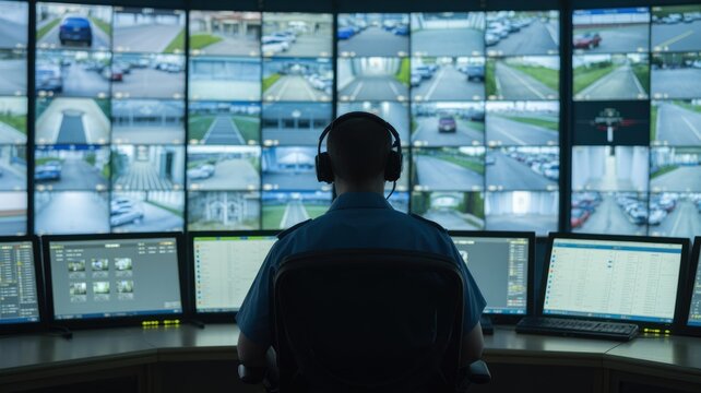 Security operator monitoring multiple surveillance cameras and screens in control room