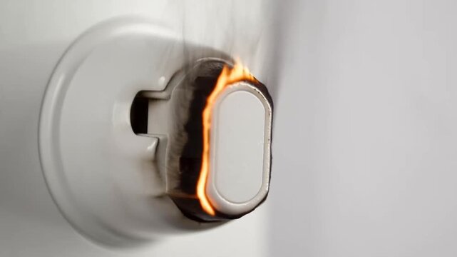 Slow motion close up of electrical outlet igniting and smoking on white indoor wall in home interior