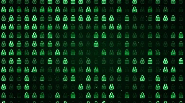 Vibrant green padlocks matrix pattern across cyber security firewall, encrypted data protection, hacker intrusion prevention, server infrastructure, system authorization video presentationsv