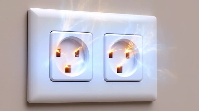 Static shot of electrical outlet sparking and arcing on interior wall close up showing electrical fault