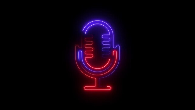 Neon microphone animation, glowing red and blue podcast studio sign for audio recording and broadcasting