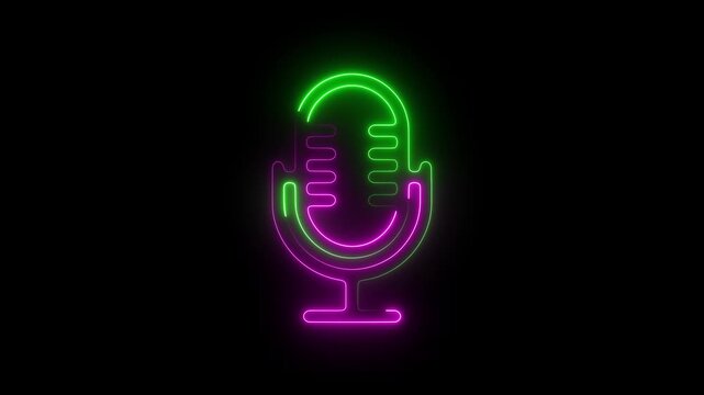 Neon microphone animation glowing with vibrant purple and green light for podcast and audio branding
